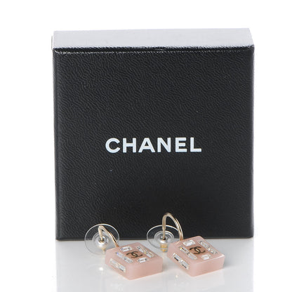 Chanel Resin Baguette Crystal Geometric Square CC Drop Earrings Pink 4 of 4