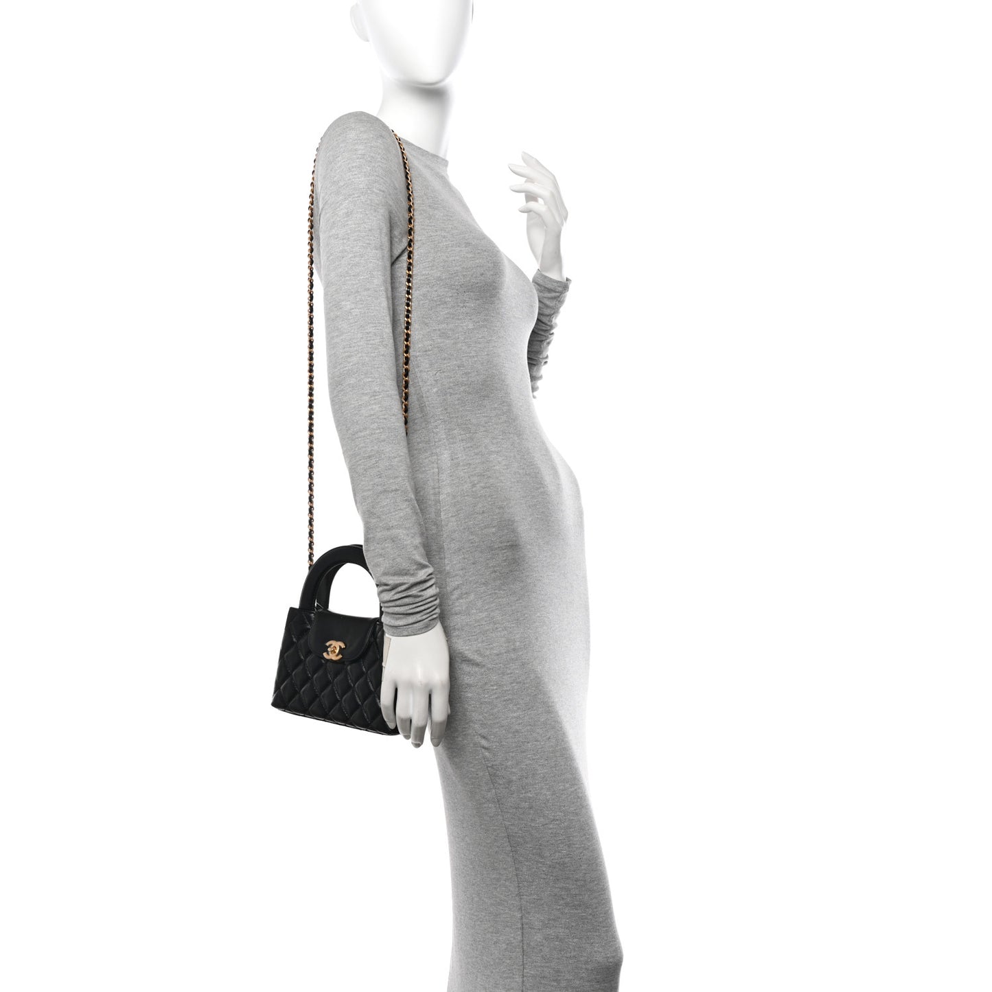 Shiny Aged Calfskin Quilted Nano Kelly Shopper Black