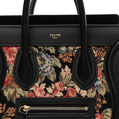 Celine Calfskin Lambskin Canvas Jacquard Floral Nano Luggage Black 9 of 13