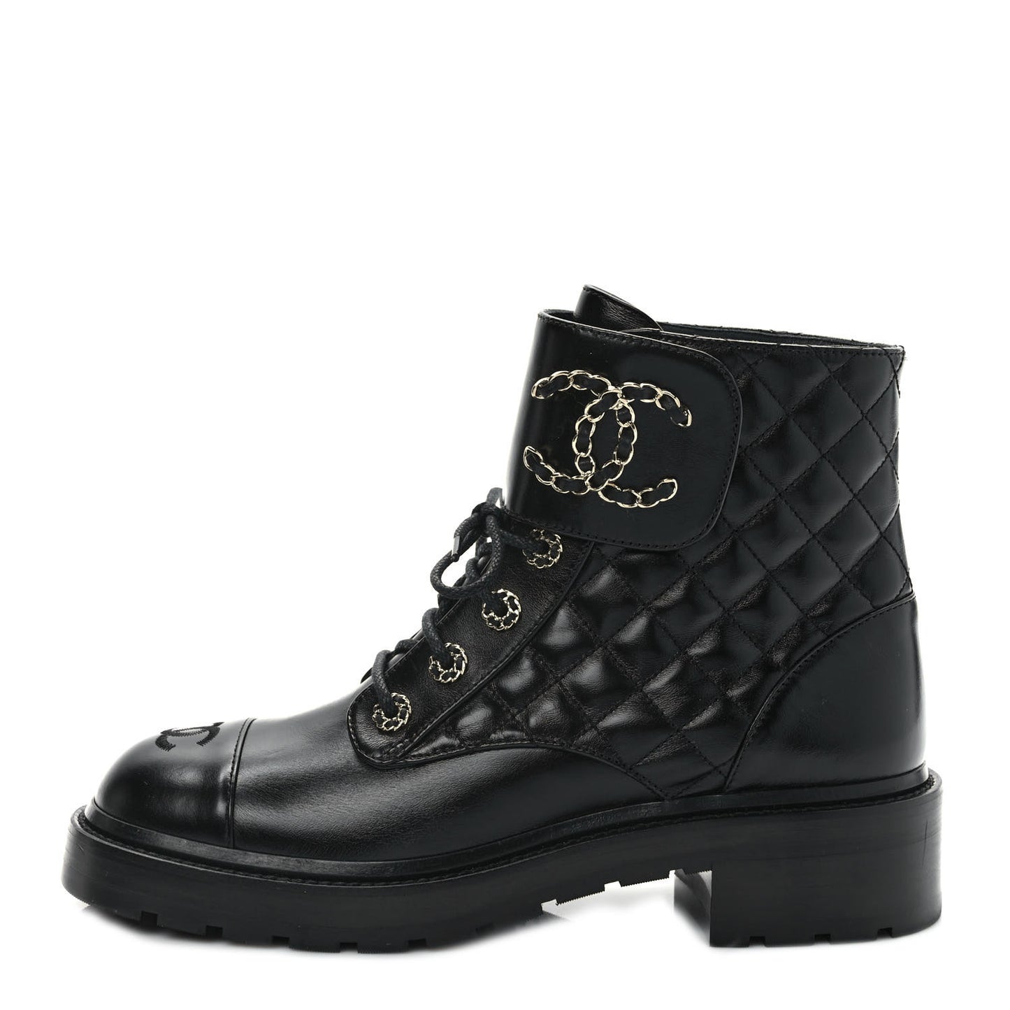 Shiny Calfskin Quilted Lace Up Combat Boots 40 Black