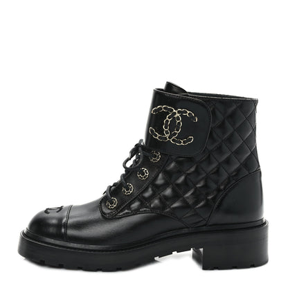 Chanel Shiny Calfskin Quilted Lace Up Combat Boots 40 Black 1 of 8
