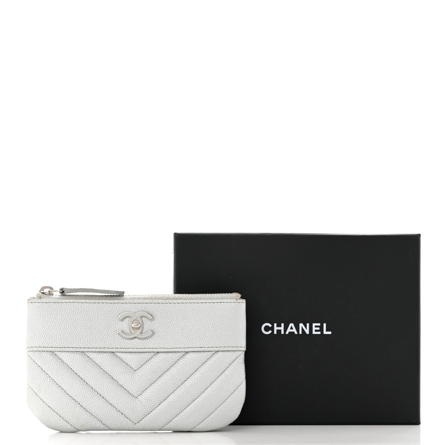 Metallic Caviar Chevron Quilted Small Vintage Mademoiselle Cosmetic Case Silver