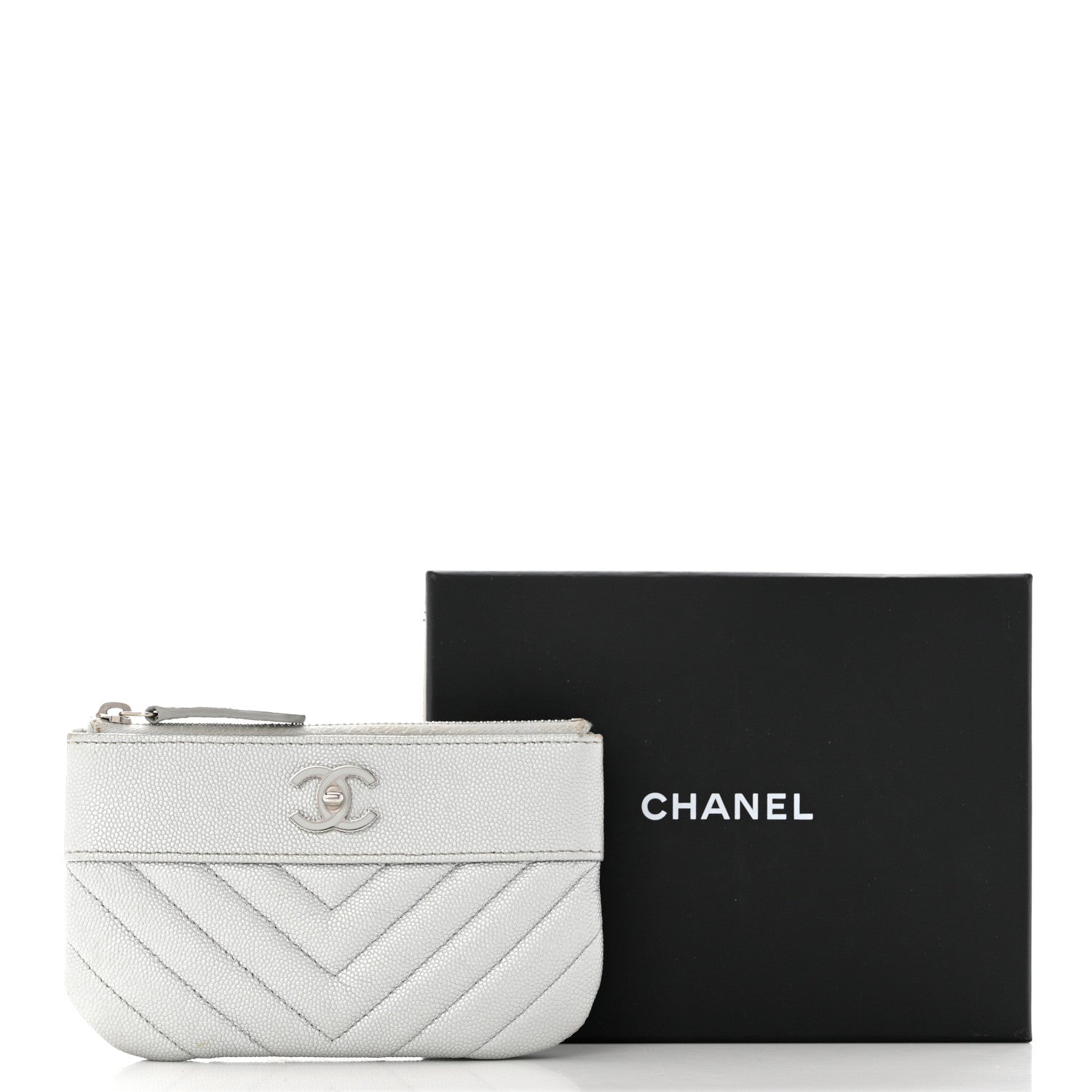 Chanel Metallic Caviar Chevron Quilted Small Vintage Mademoiselle Cosmetic Case Silver 9 of 9