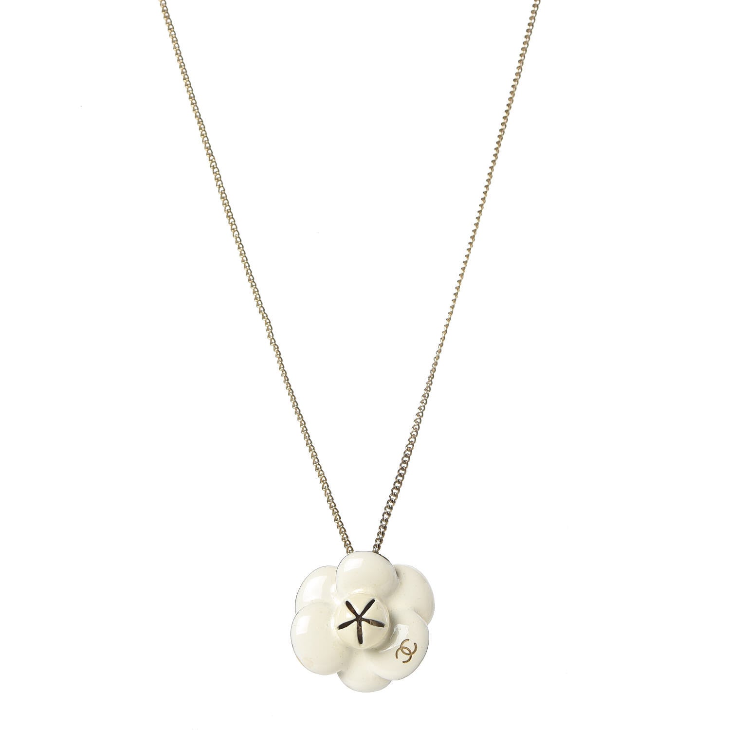 Chanel Enamel CC Camellia Pendant Necklace Gold White 1 of 5