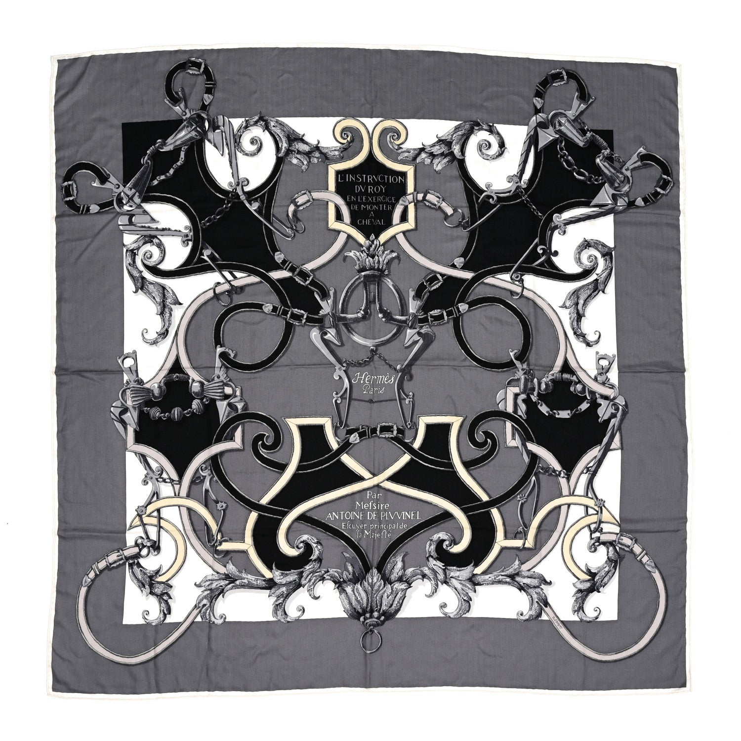 Hermes Cashmere Silk L Instruction Du Roy Shawl 140 Gris Acier White Black 1 of 7
