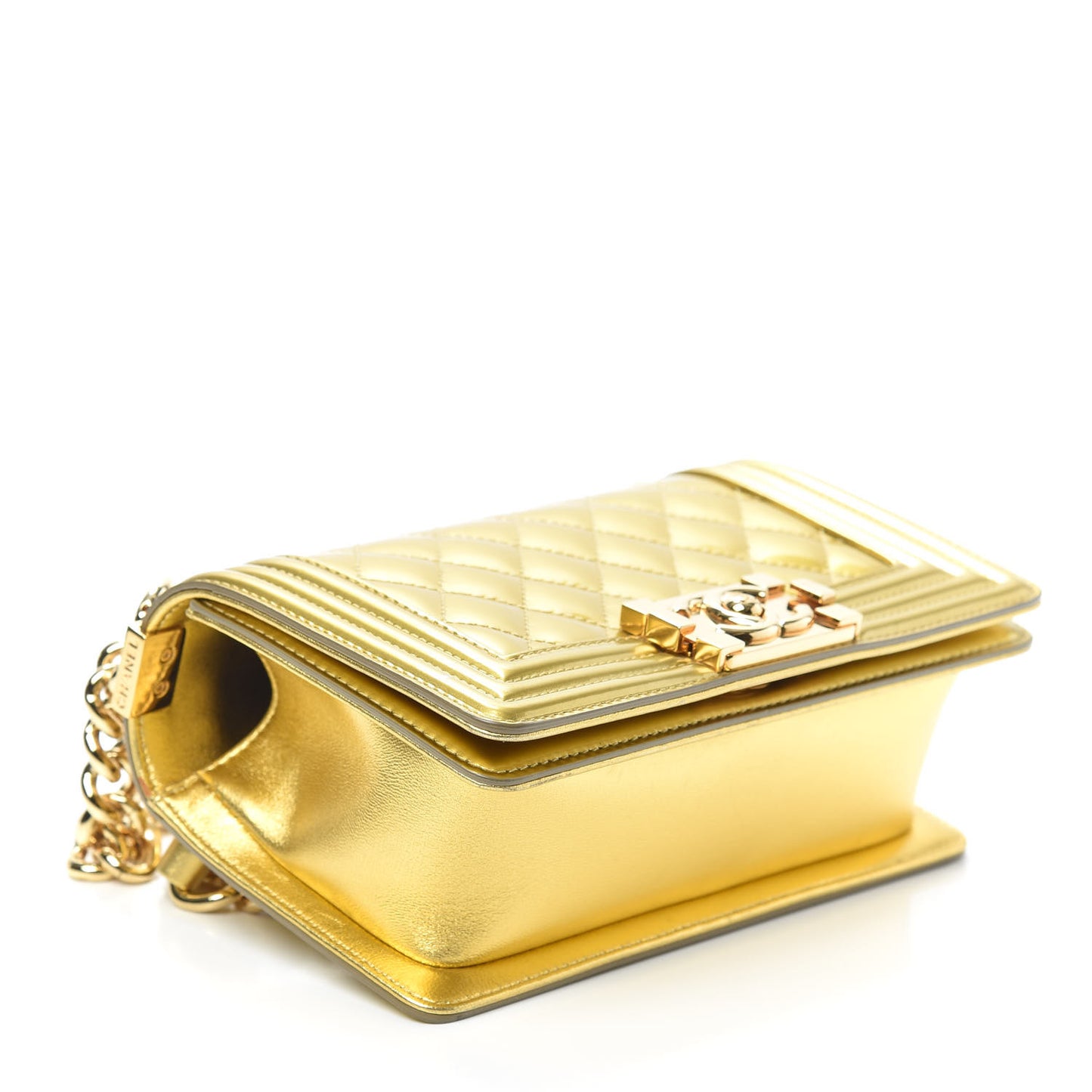 Metallic Patent Calfskin Quilted Small Boy Flap Gold