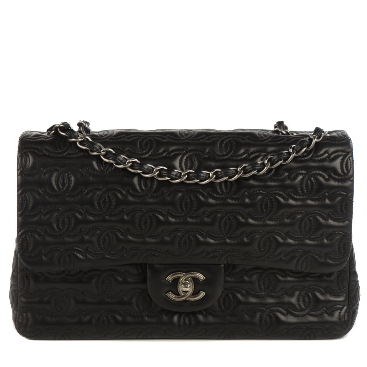 Lambskin Embroidered Jumbo CC Follies Flap Black