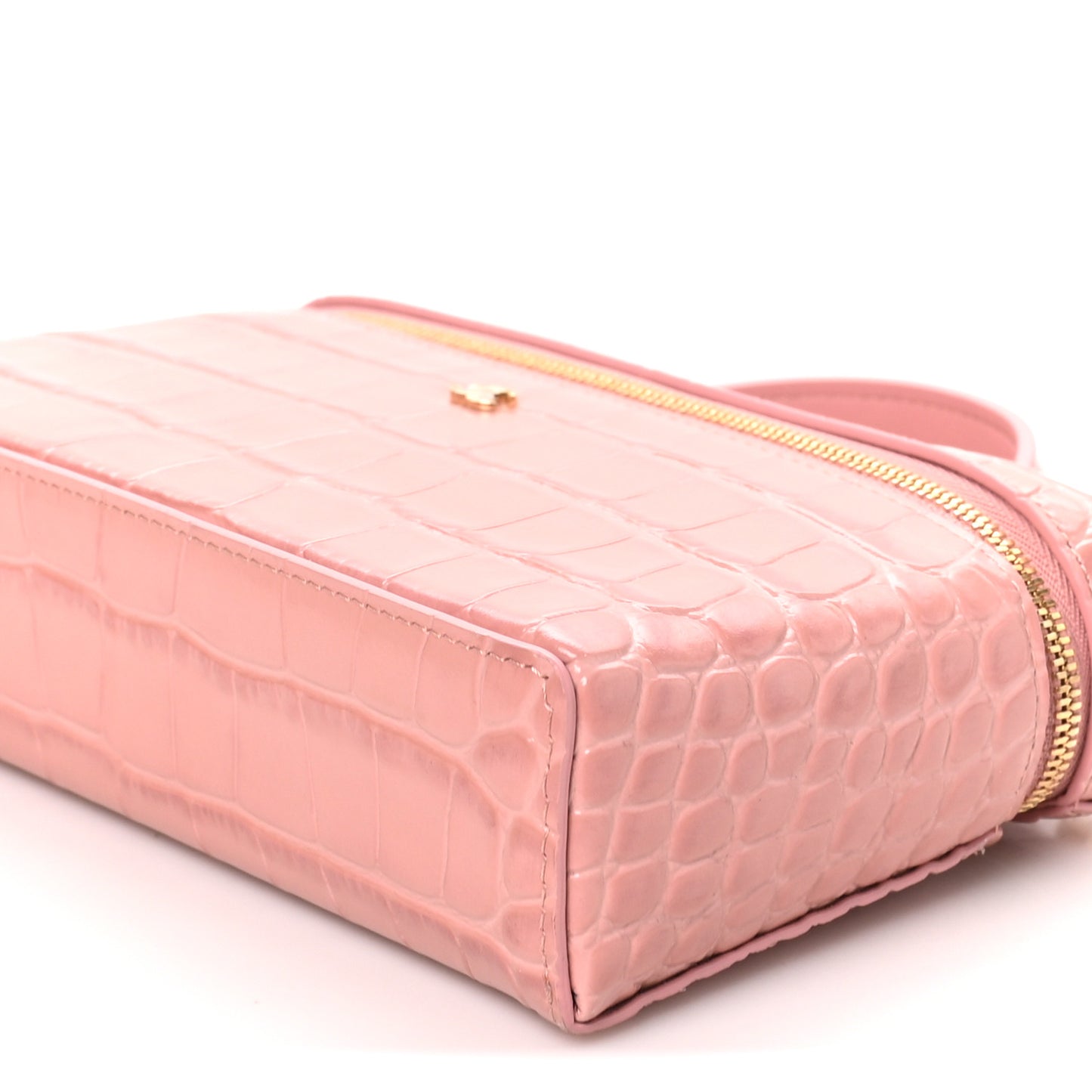 Calfskin Crocodile Embossed Top Handle Vanity Case With Chain Pink