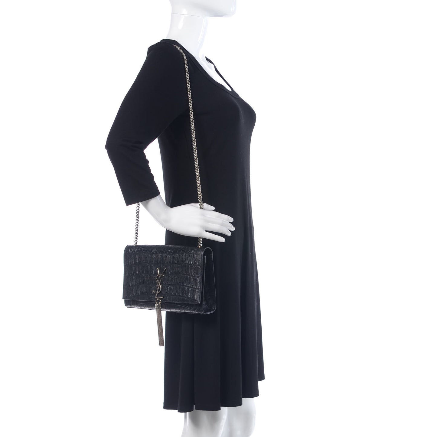 Calfskin Crocodile Embossed Medium Classic Monogram Kate Tassel Satchel Black