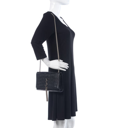 Saint Laurent Calfskin Crocodile Embossed Medium Classic Monogram Kate Tassel Satchel Black 2 of 8