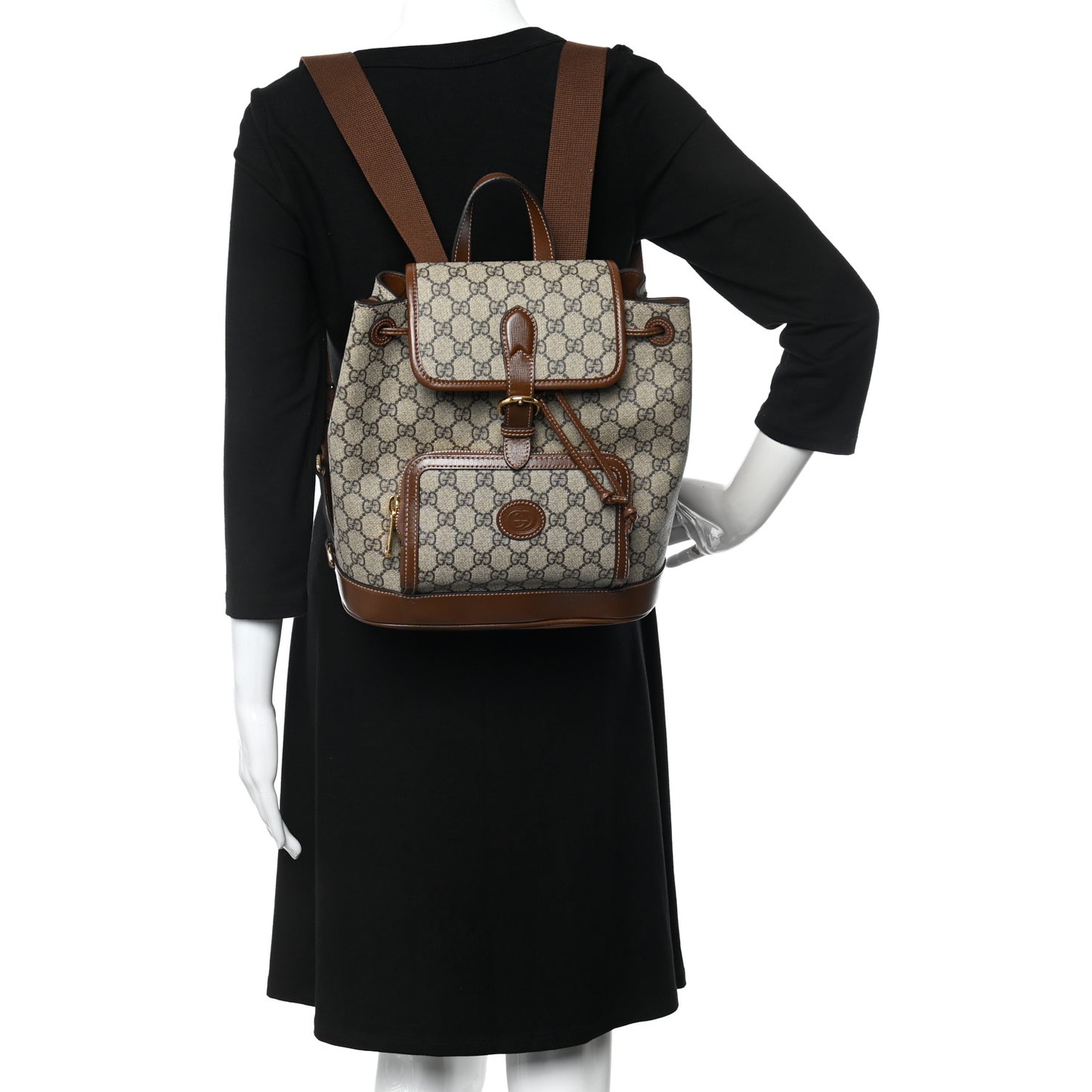 GG Supreme Monogram Azalea Calfskin Retro Interlocking G Buckle Backpack Beige Ebony Brown Sugar