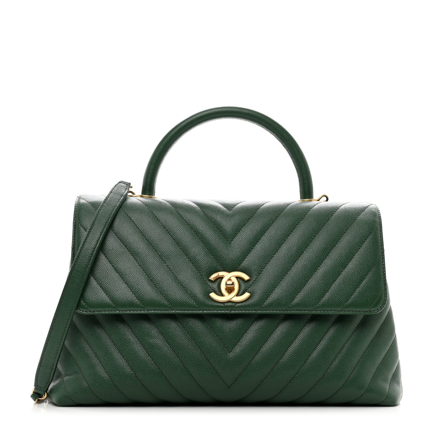 Chanel Caviar Chevron Quilted Medium Coco Handle Flap Green 1 of 12