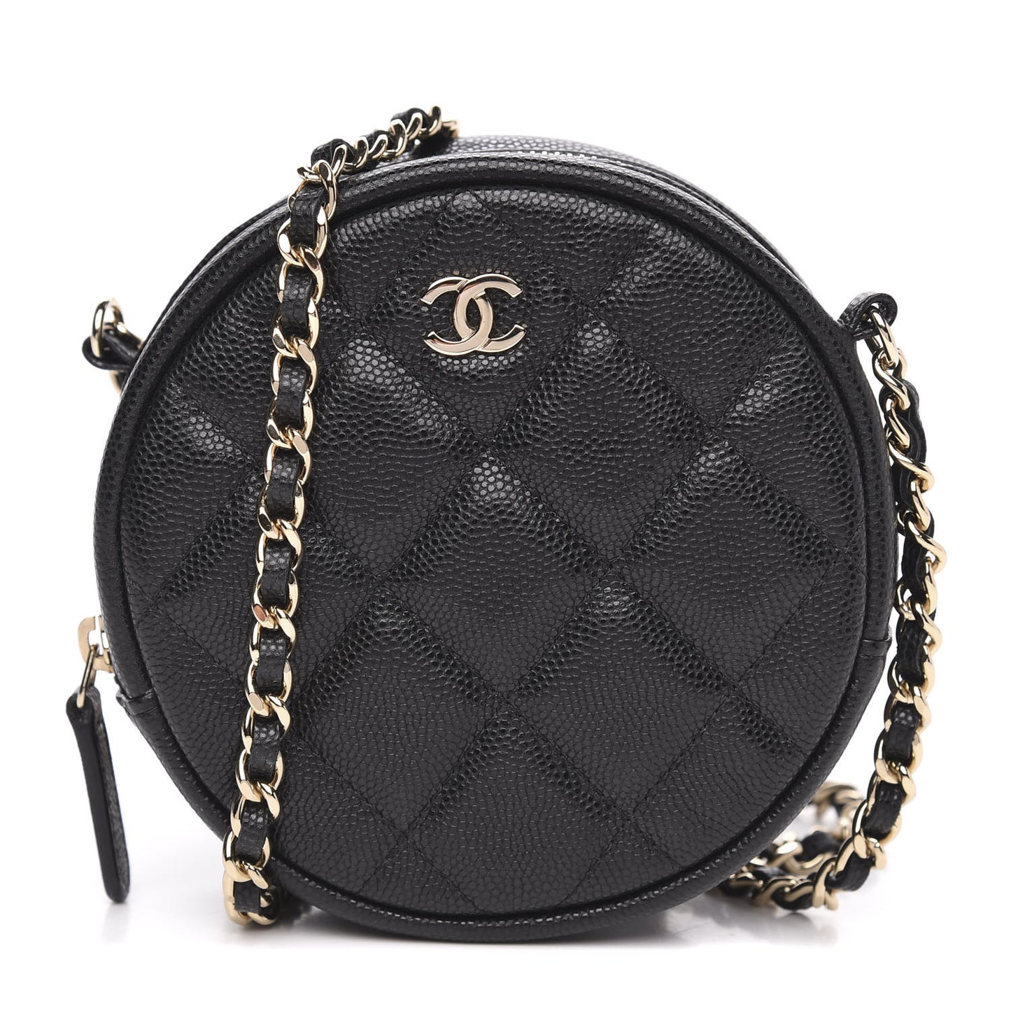 Caviar Quilted Round Clutch With Chain Black
