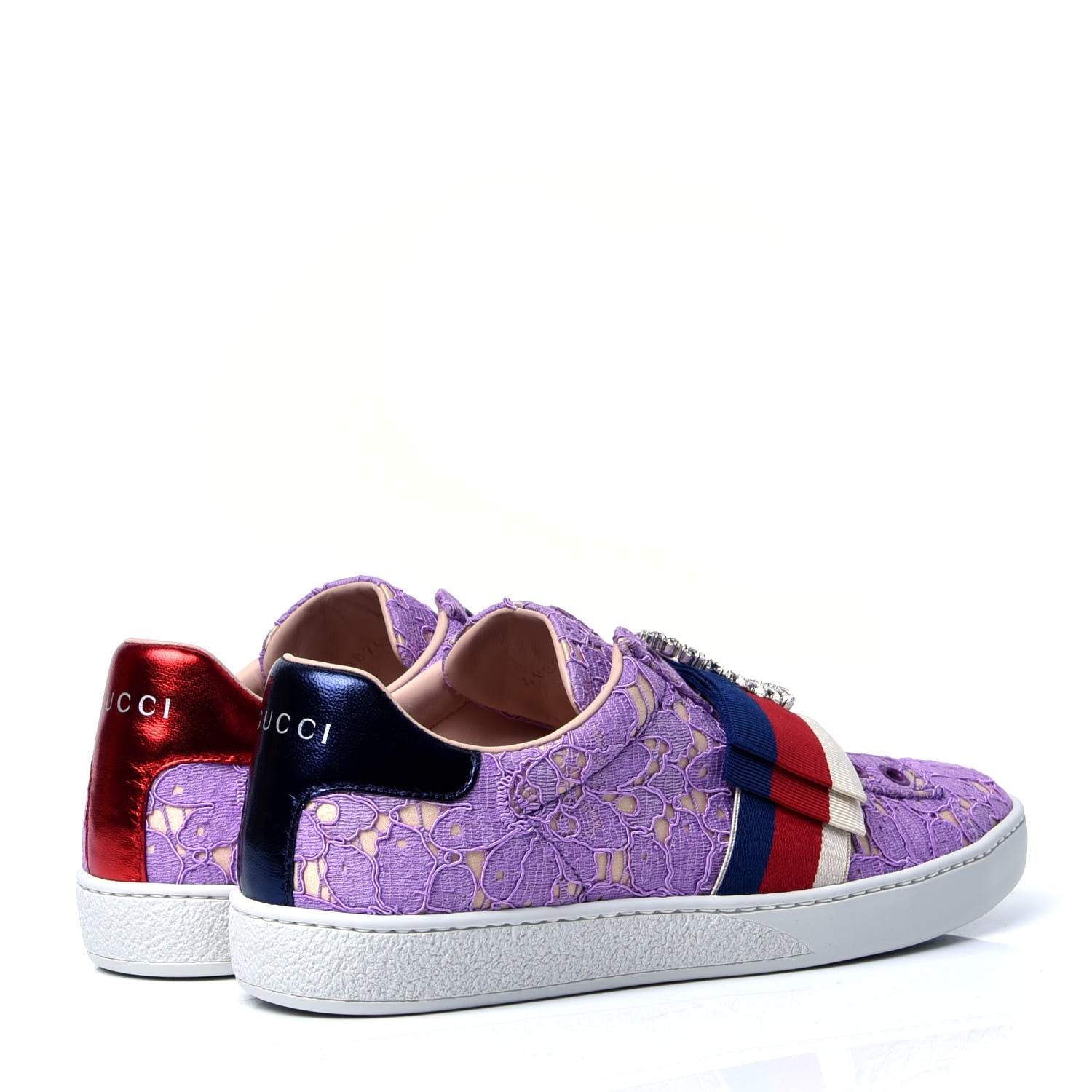 Gucci Lace Crystal Sylvie Web Flower Leaf Womens Ace Sneakers 36.5 Wisteria Perfect Pink 3 of 6