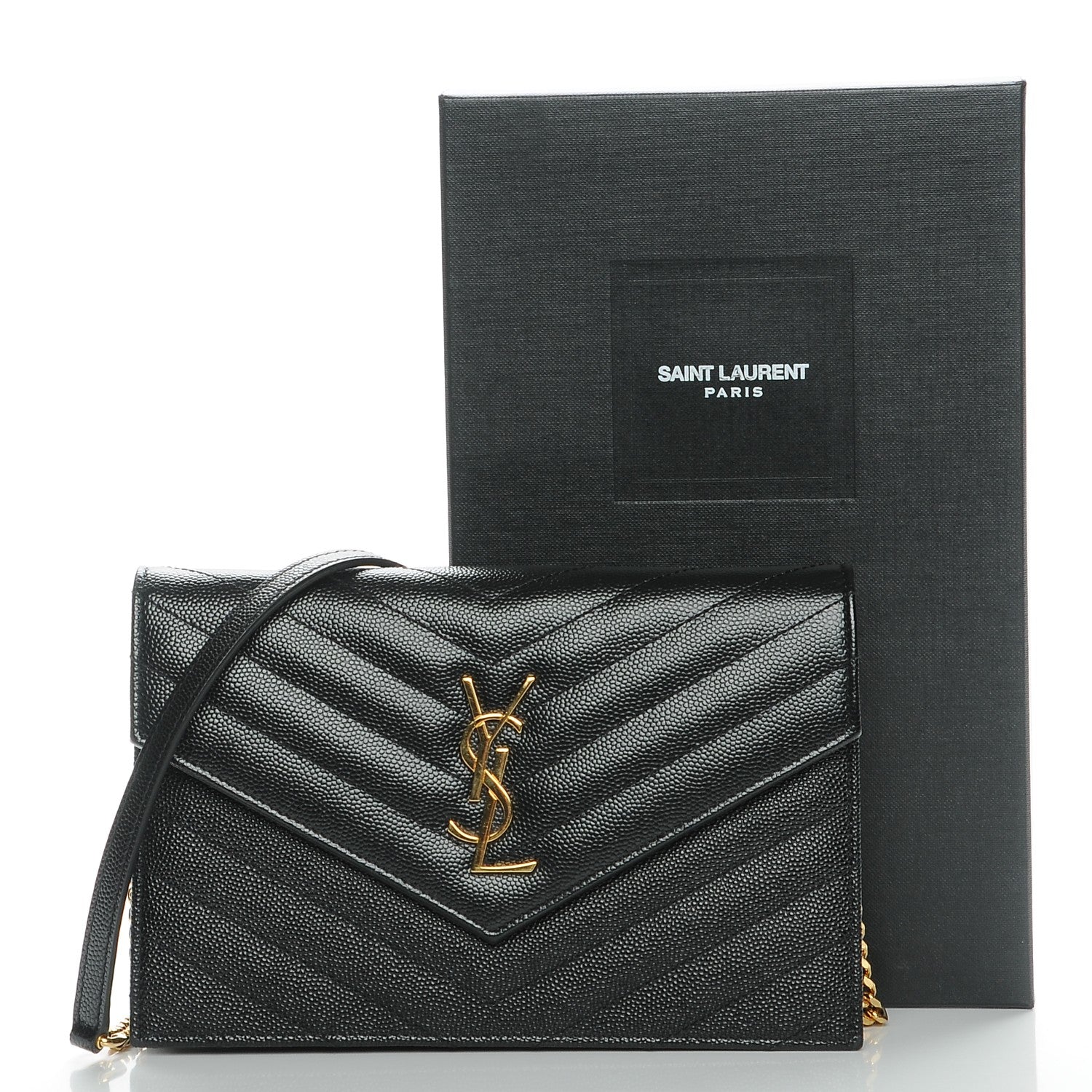 Saint Laurent Grain De Poudre Matelasse Chevron Monogram Envelope Chain Wallet Black 8 of 8