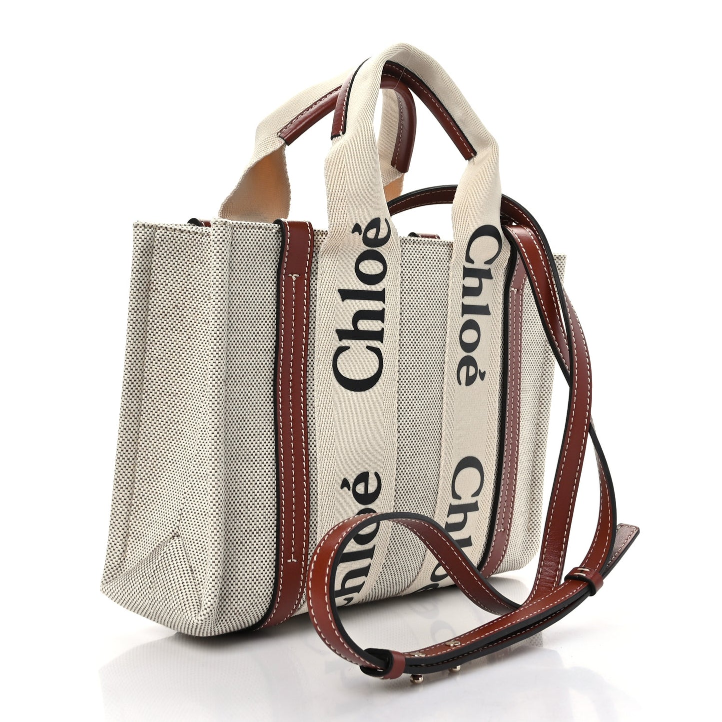 Cotton Calfskin Small Woody Ribbon Tote With Strap White Brown