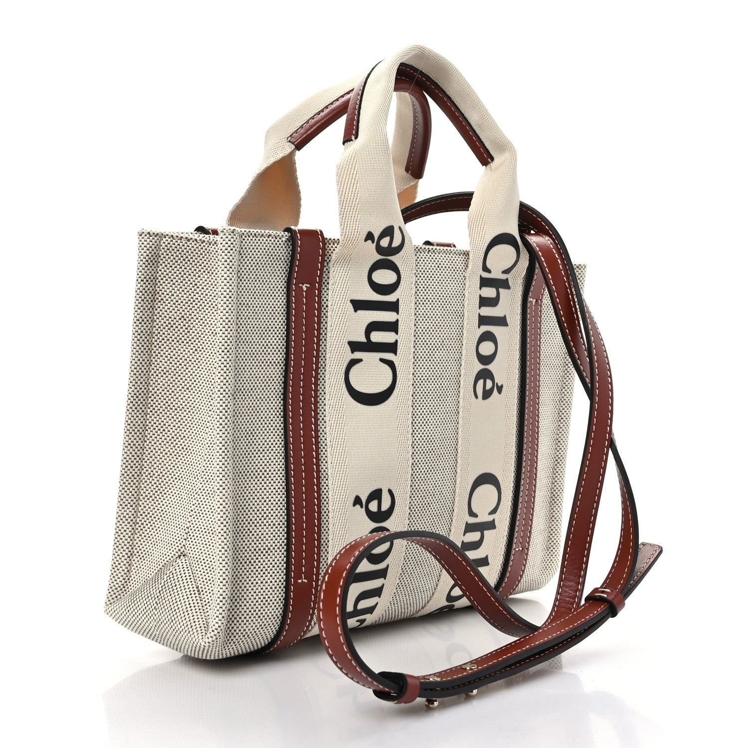 Chloe Cotton Calfskin Small Woody Ribbon Tote With Strap White Brown 3 of 9