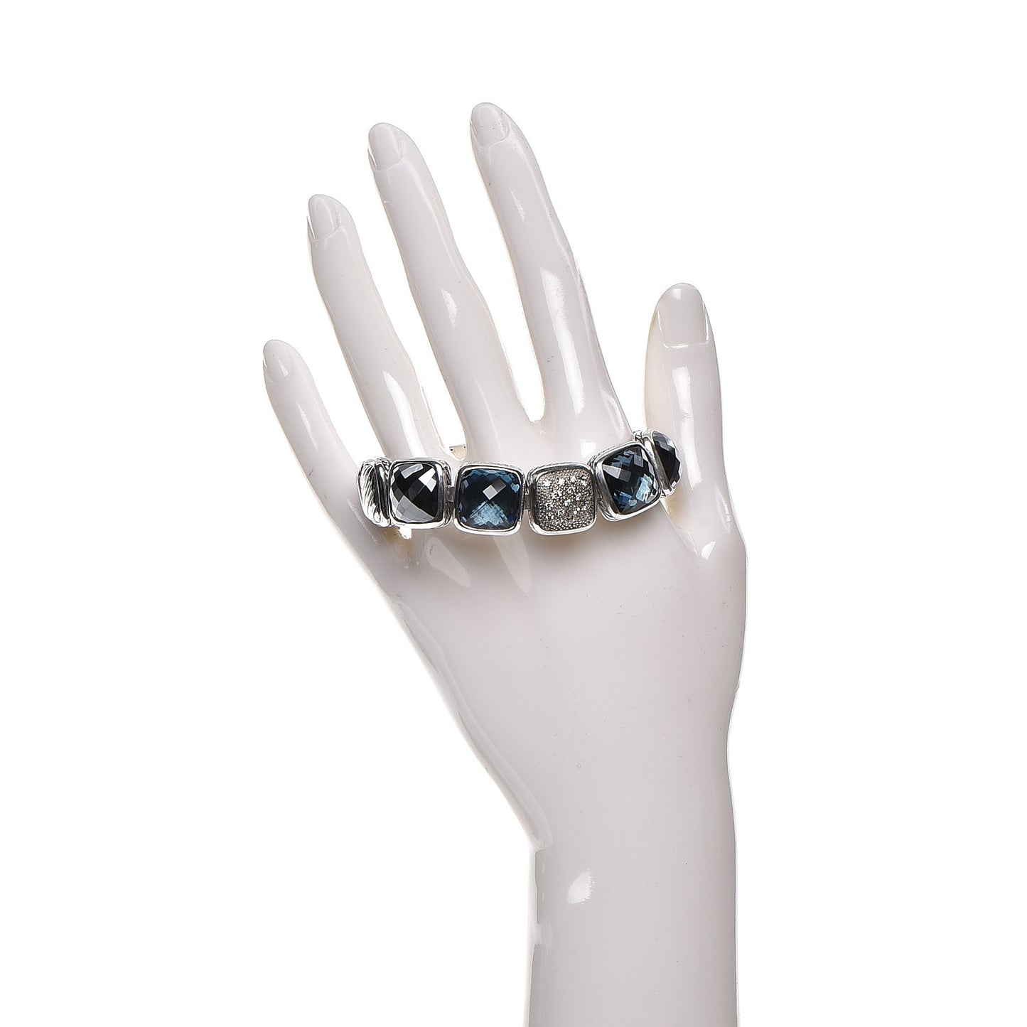 Sterling Silver Diamond Blue Topaz Hematite Chiclet One Row Bracelet