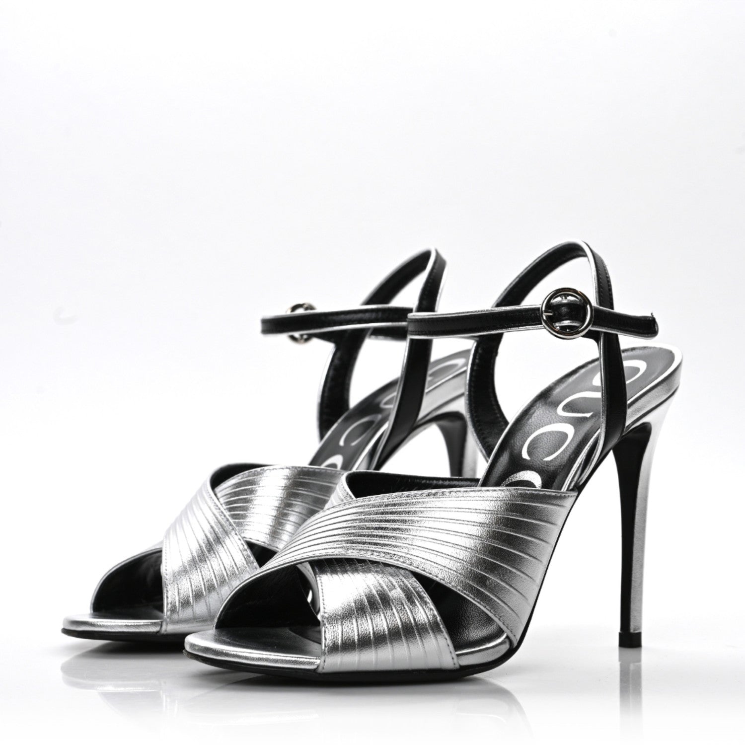 Gucci Malaga Kid Webby Crossover High Heel Sandals 37 Silver 2 of 9