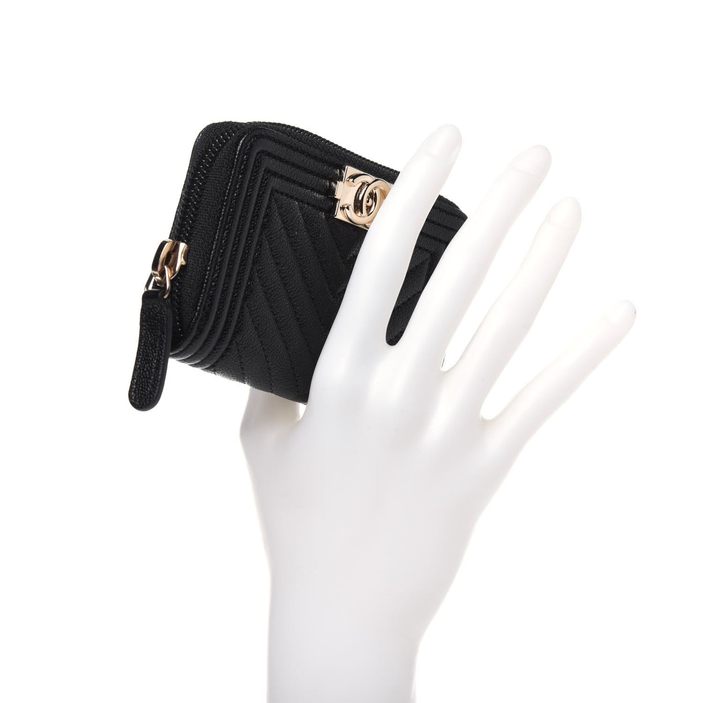Caviar Chevron Quilted Boy Zip Around Coin Purse Wallet Black