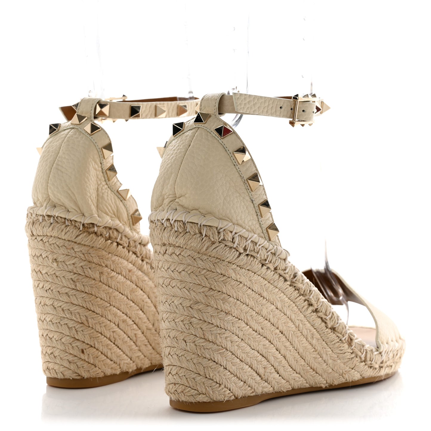 Grained Calfskin Rockstud Ankle Strap Espadrille 15/105mm Sandals 40 Light Ivory Natural