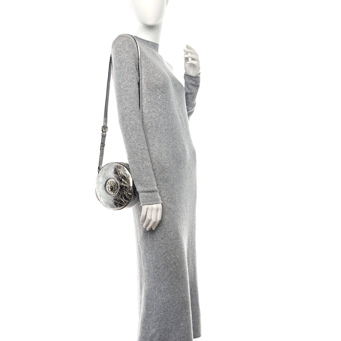 Metallic Crackled Lambskin La Medusa Disco Round Crossbody Silver