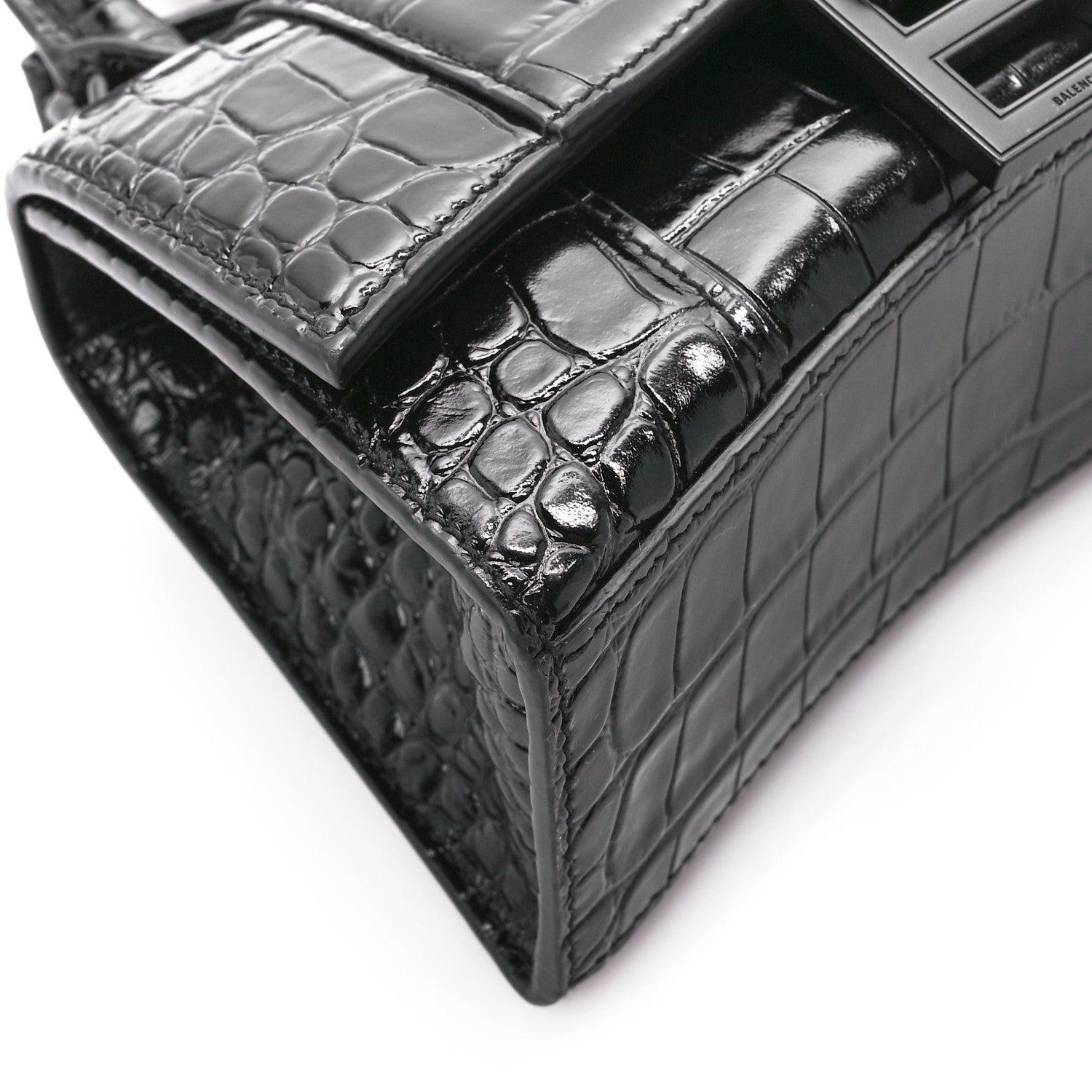 Balenciaga Shiny Calfskin Monochrome Crocodile Embossed Hourglass Top Handle Bag XS Black 8 of 9