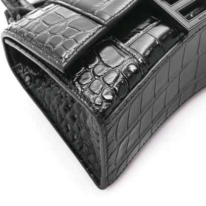 Balenciaga Shiny Calfskin Monochrome Crocodile Embossed Hourglass Top Handle Bag XS Black 8 of 9