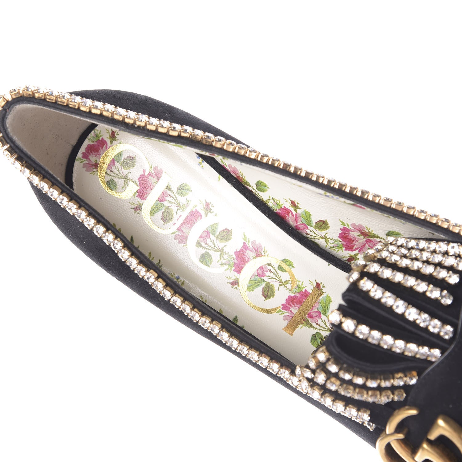 Gucci Kid Scamosciato Crystal GG Marmont Fringe 50mm Loafer Pumps 37.5 Black 8 of 12