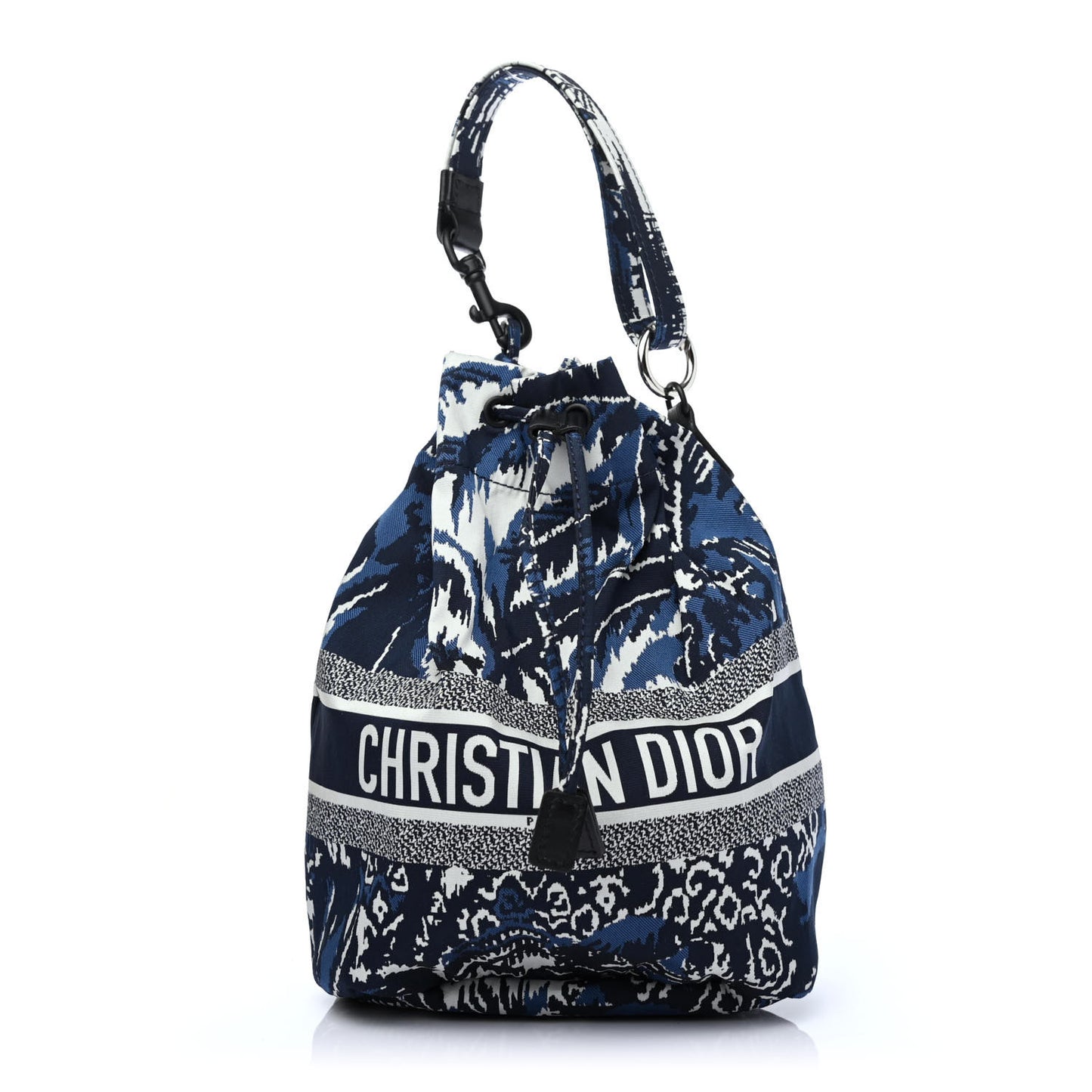 Embroidered Palm Tree Toile De Jouy Canvas Mini Bucket Bag Blue