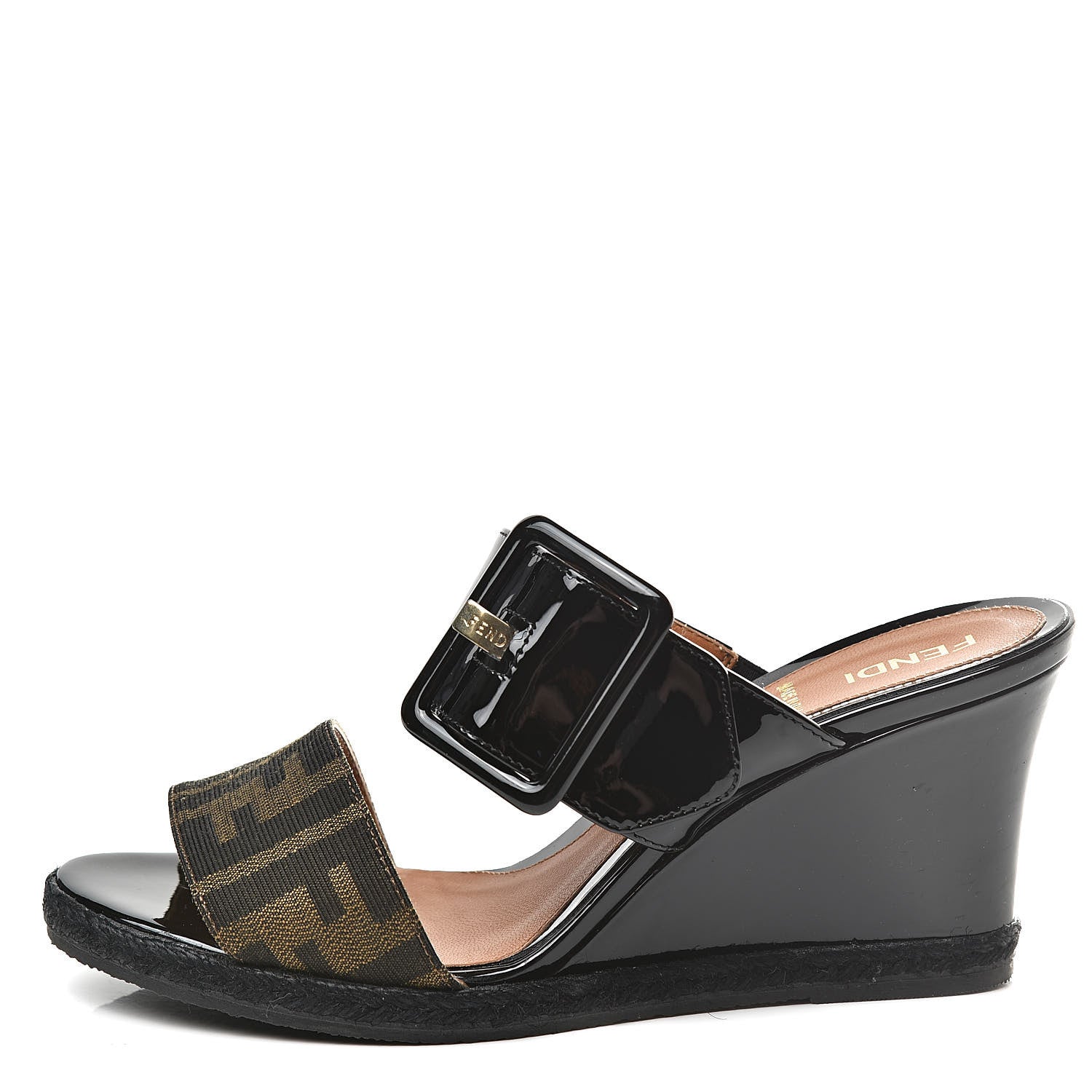 Fendi Patent Fabric FF Wedge Sandals 36 Tobacco Black 1 of 11
