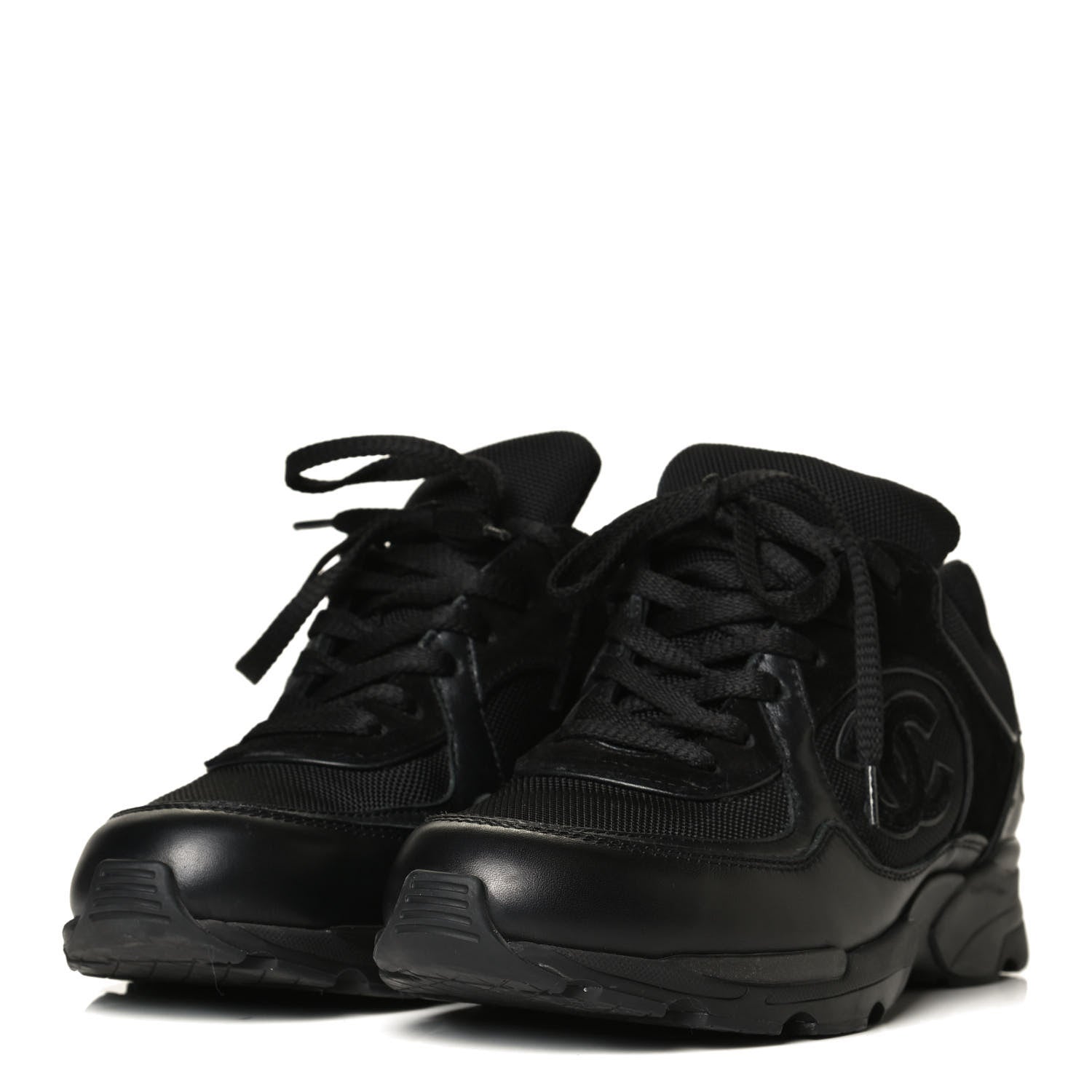 Chanel Canvas Suede Calfskin Womens CC Sneakers 37.5 Black 3 of 8