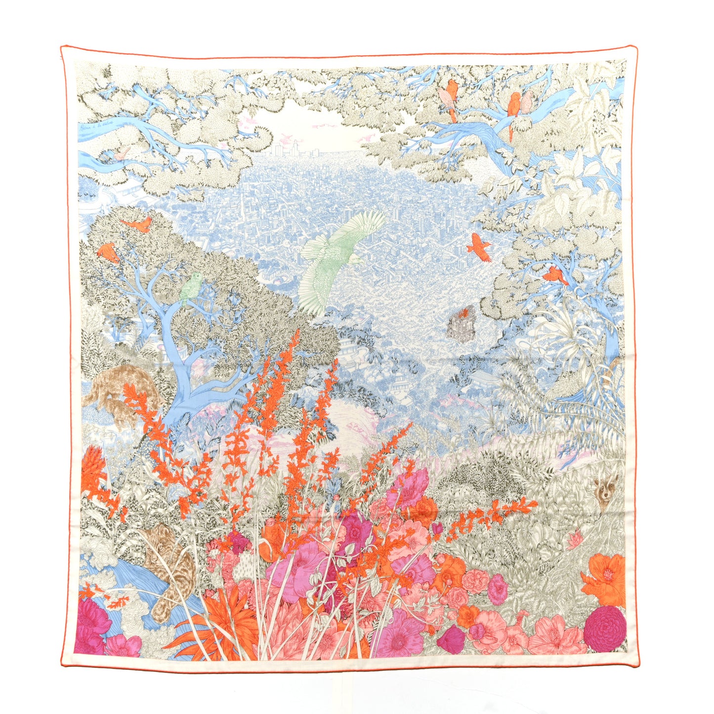 Cashmere Silk Retour a la Nature Shawl 140 Bleu Ciel Rose Cyclamen Orange