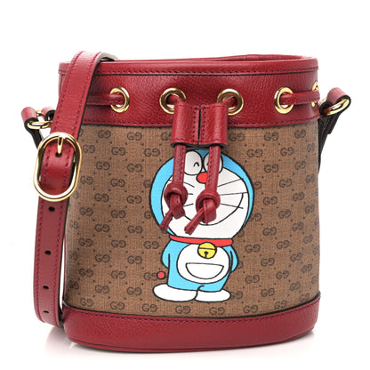 Gucci X DORAEMON Mini Vintage GG Supreme Monogram Textured Dollar Calfskin Mini Bucket Bag Beige Ebony Multicolor New Cherry Red 1 of 11