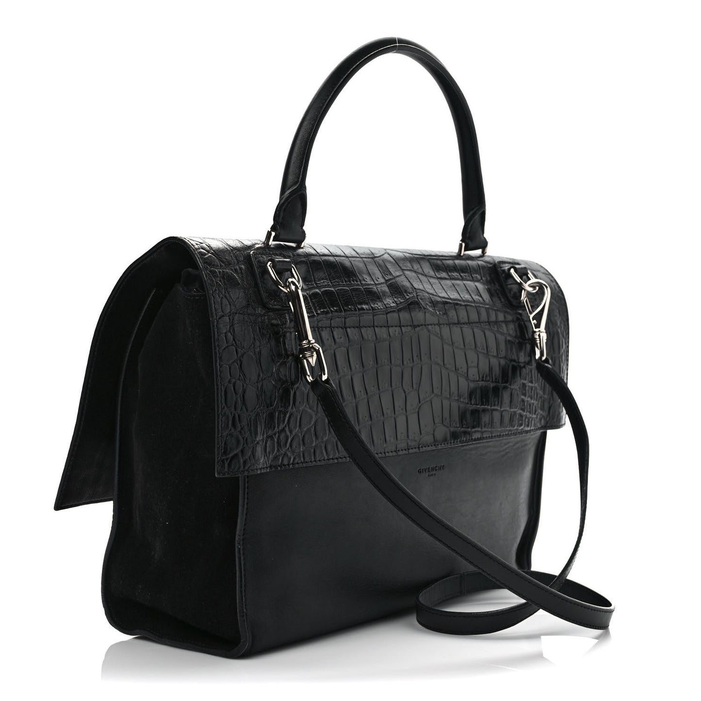 Calfskin Crocodile Embossed Medium Shark Lock Satchel Black