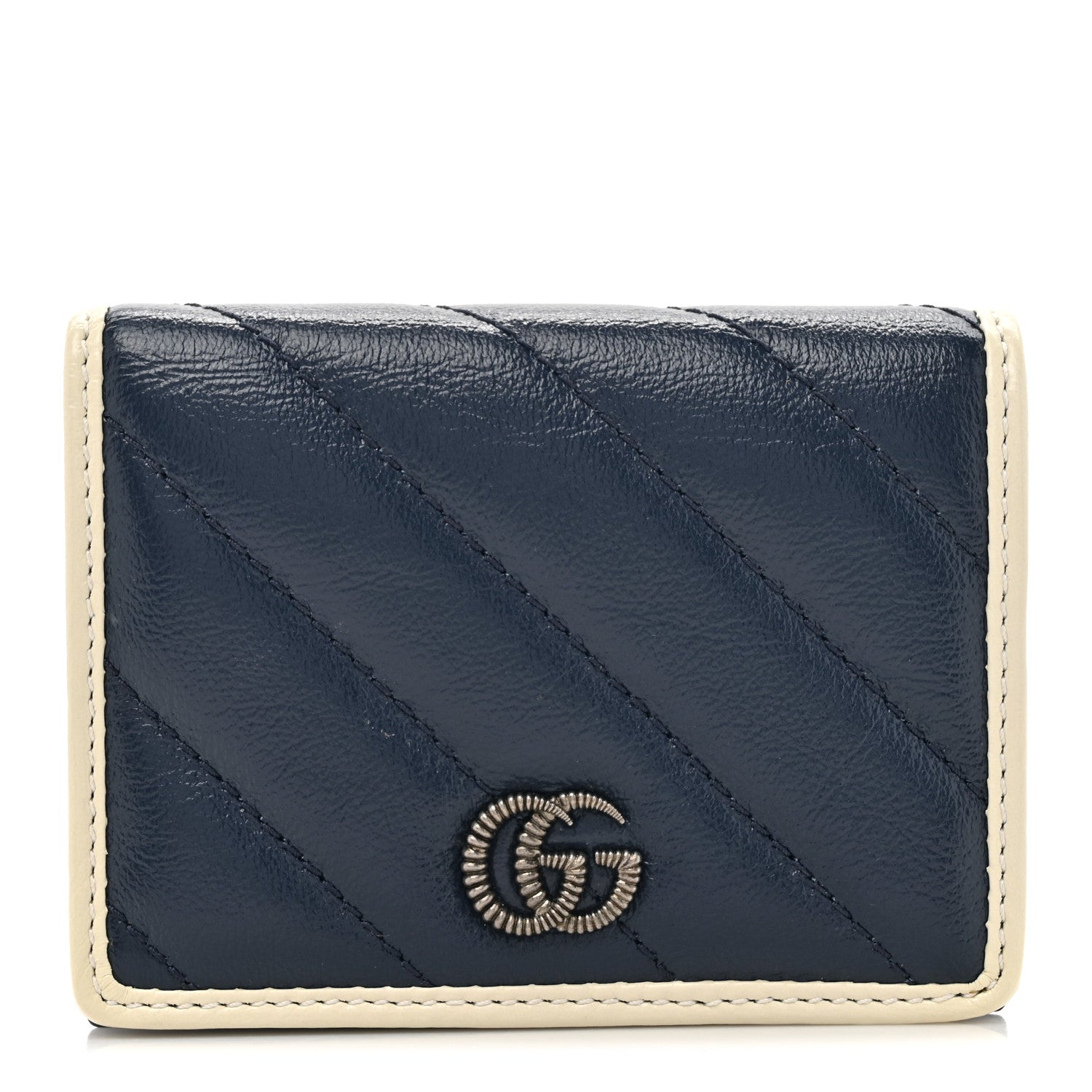 Gucci Vintage Effect Calfskin Matelasse Diagonal Torchon GG Marmont Card Case Wallet Blue Agata Mystic White 1 of 9