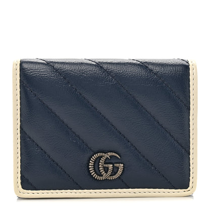 Gucci Vintage Effect Calfskin Matelasse Diagonal Torchon GG Marmont Card Case Wallet Blue Agata Mystic White 1 of 9
