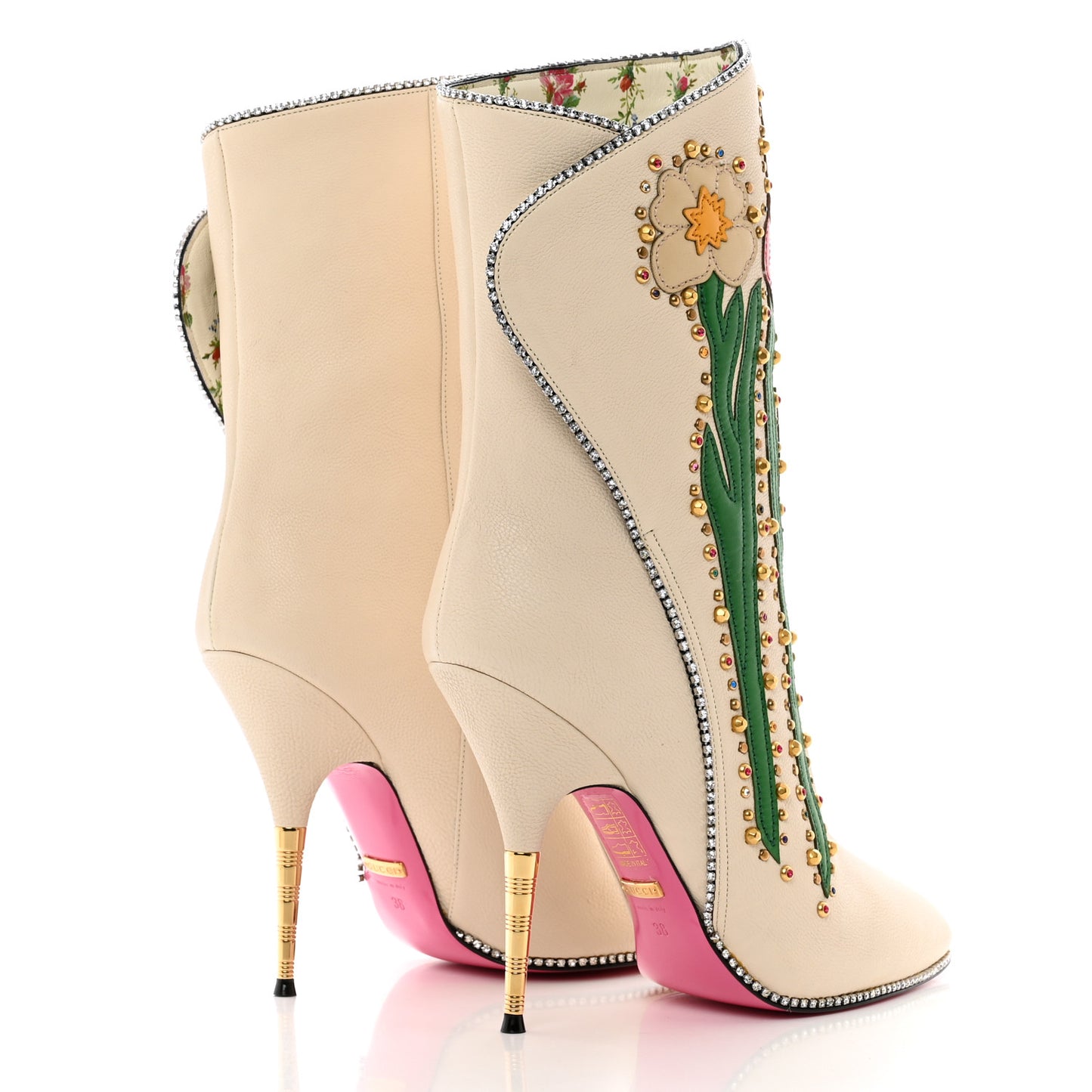 Calfskin Floral Crystal Embroidered Fosca Boots 38 Mystic White