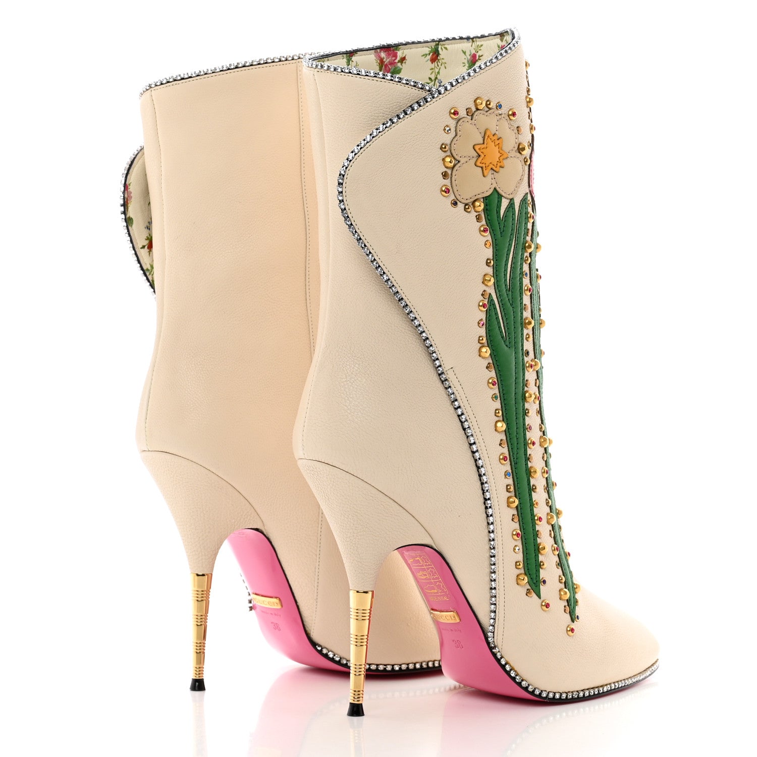 Gucci Calfskin Floral Crystal Embroidered Fosca Boots 38 Mystic White 4 of 10