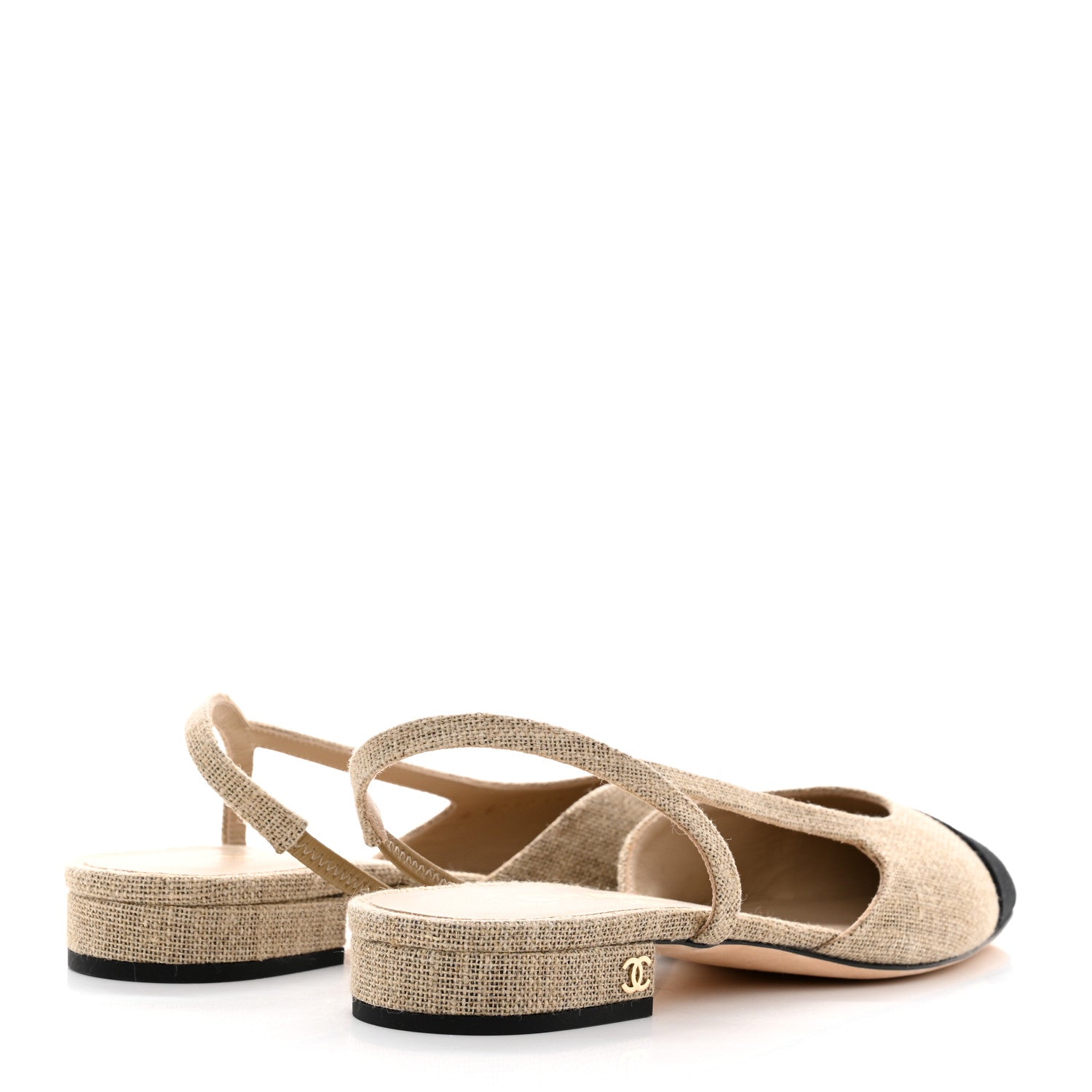 Chanel Fabric Grosgrain Cap Toe CC Slingback Flats 37.5 Light Beige Black 4 of 9