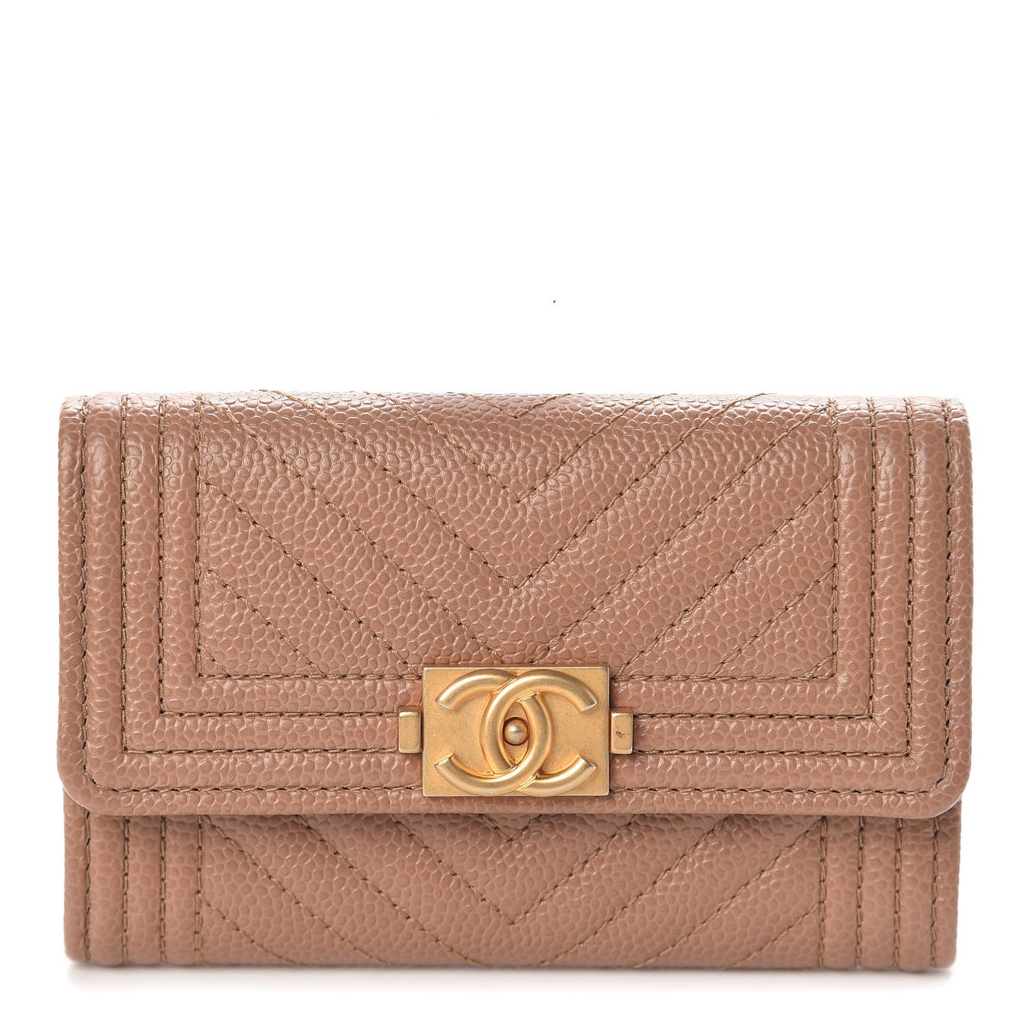 Caviar Chevron Quilted Boy Card Holder Dark Beige