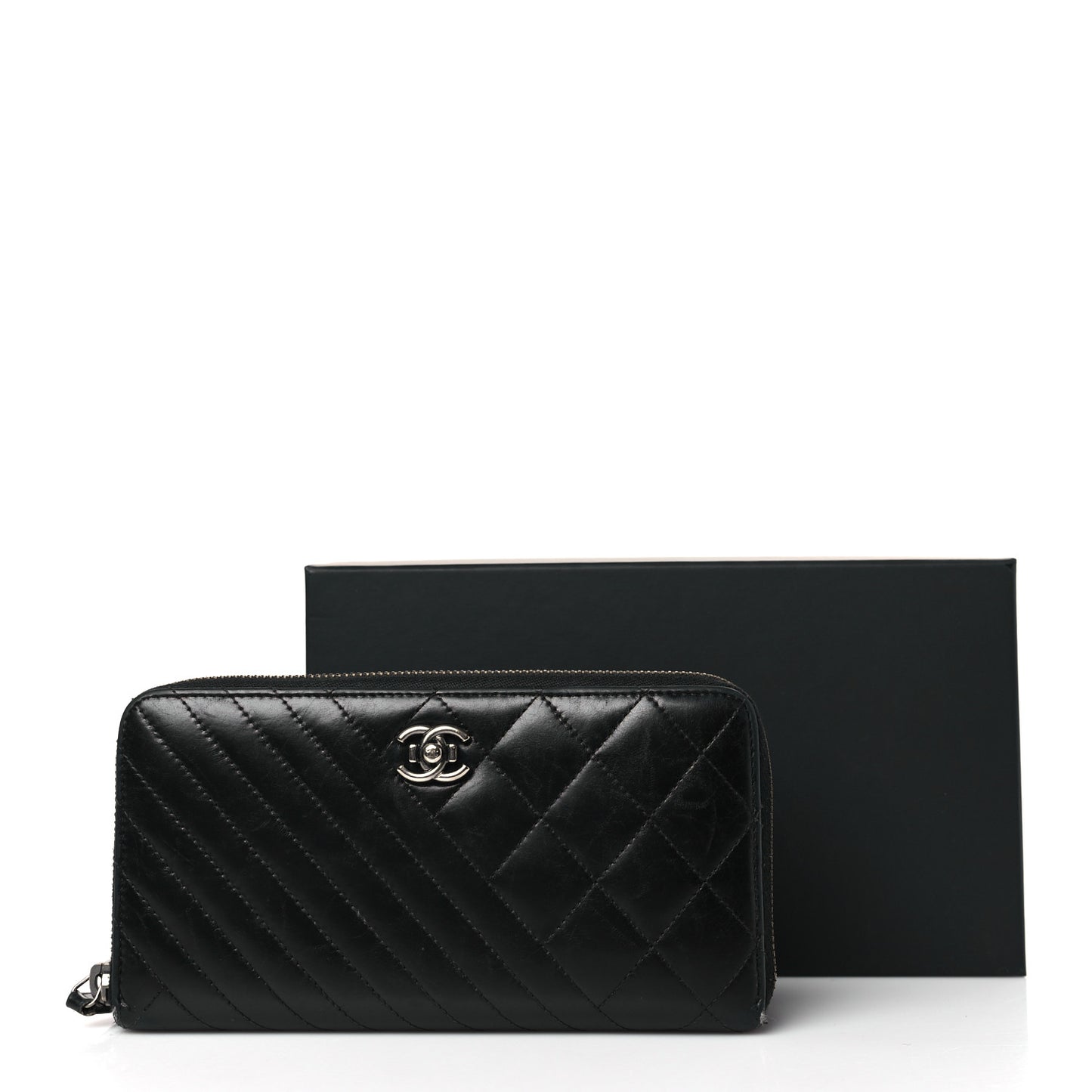 Glazed Calfskin Quilted Small Coco Boy Zip Around Wallet Black Black