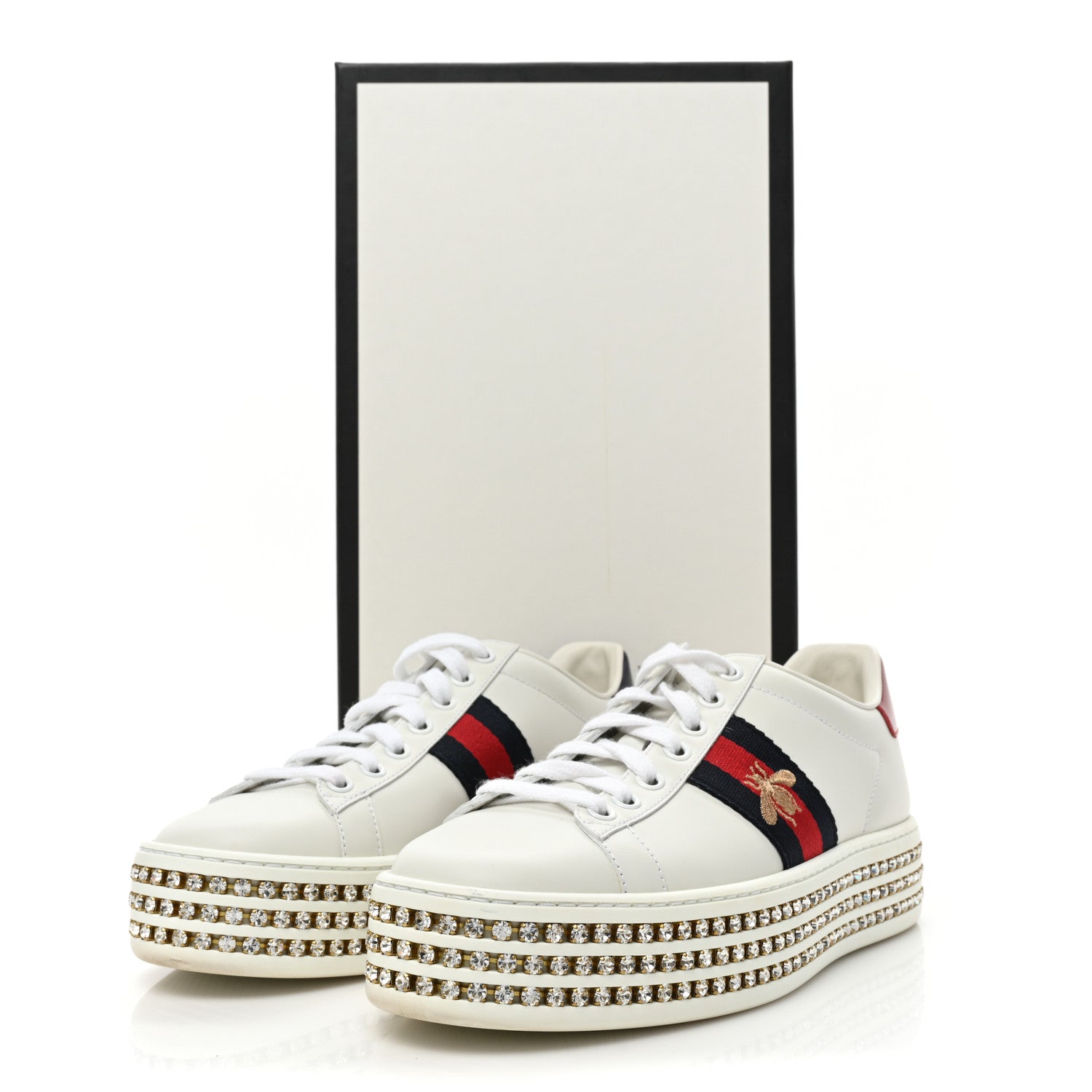 Gucci Calfskin Crystal Web Bee Embroidered Womens Ace Platform Sneakers 37 White 10 of 10
