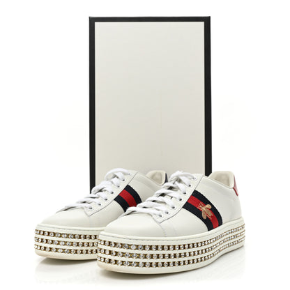 Gucci Calfskin Crystal Web Bee Embroidered Womens Ace Platform Sneakers 37 White 10 of 10