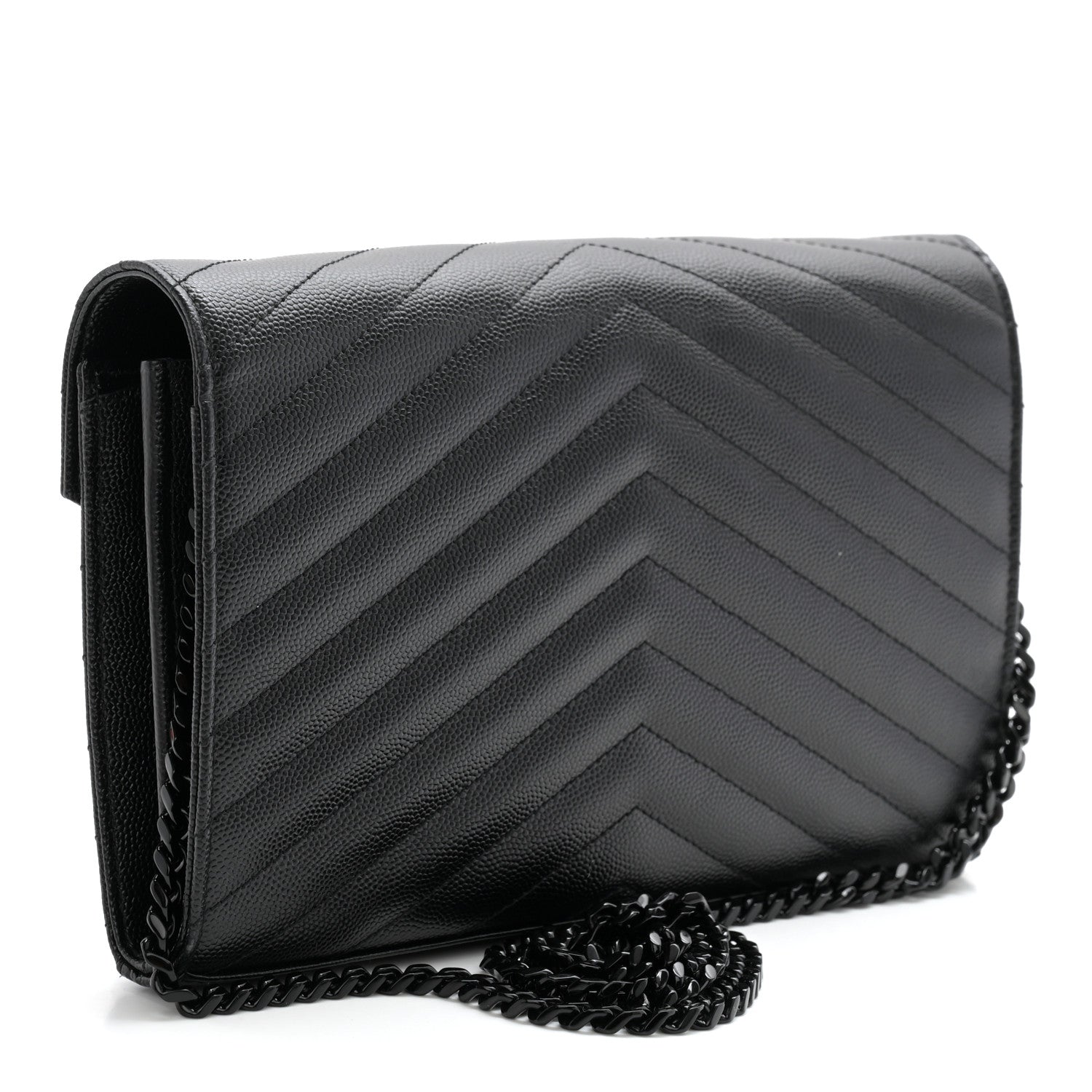 Saint Laurent Grain De Poudre Matelasse Chevron Monogram Monochrome Chain Wallet Black 3 of 11