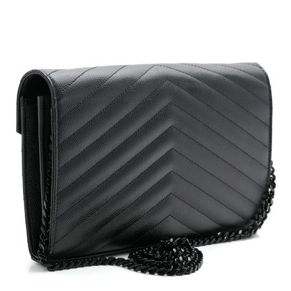 Saint Laurent Grain De Poudre Matelasse Chevron Monogram Monochrome Chain Wallet Black 3 of 11
