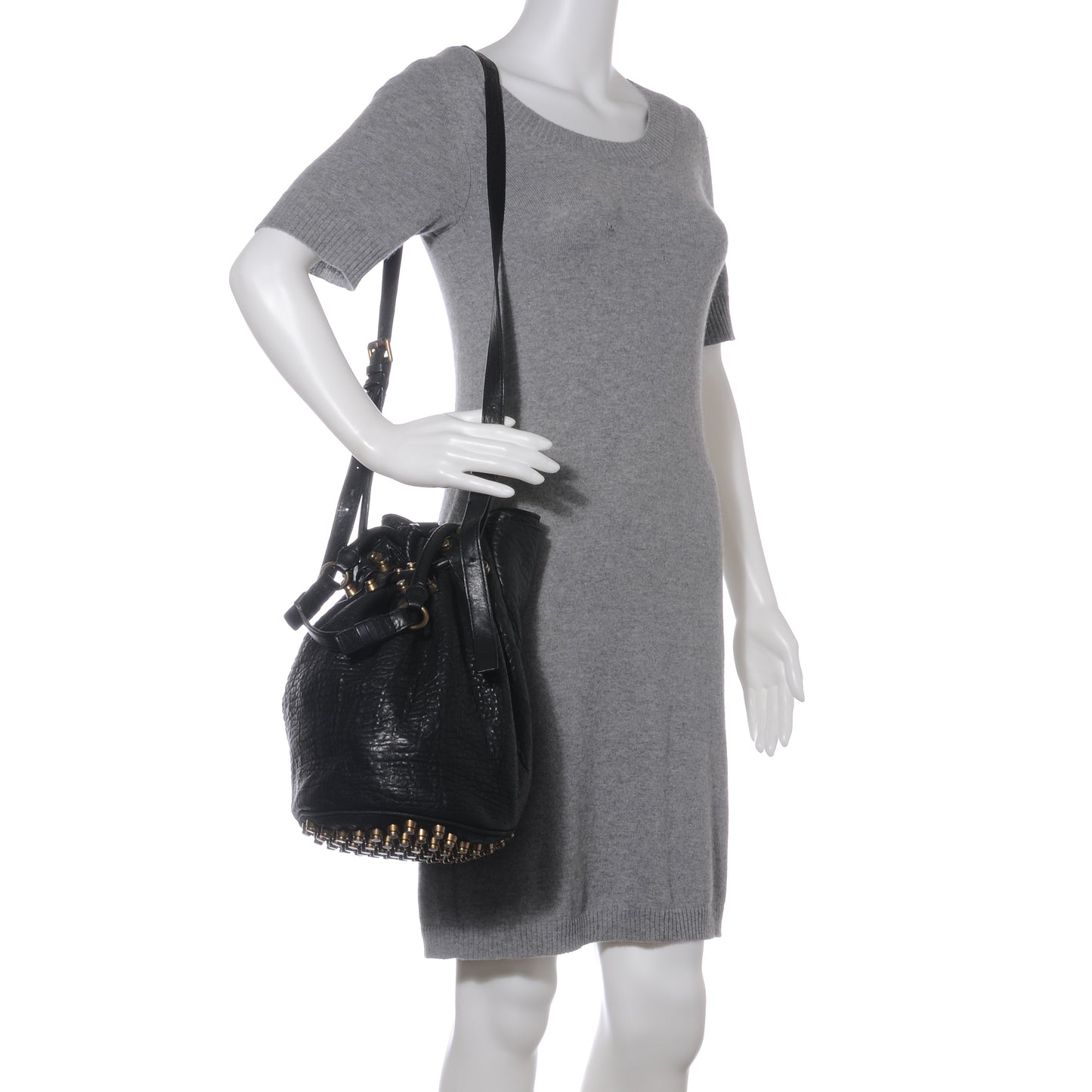 Leather Diego Bucket Bag w Antique Brass Hardware Black