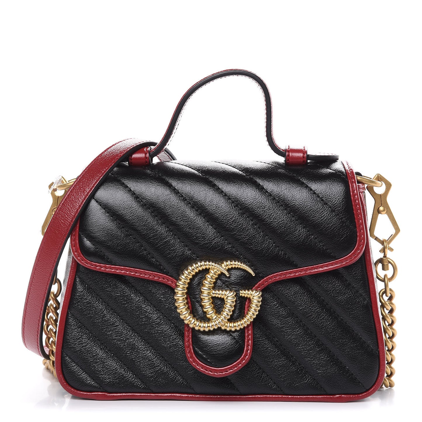 Vintage Effect Calfskin Matelasse Diagonal Mini Torchon GG Marmont Top Handle Shoulder Bag Black Romantic Cherry