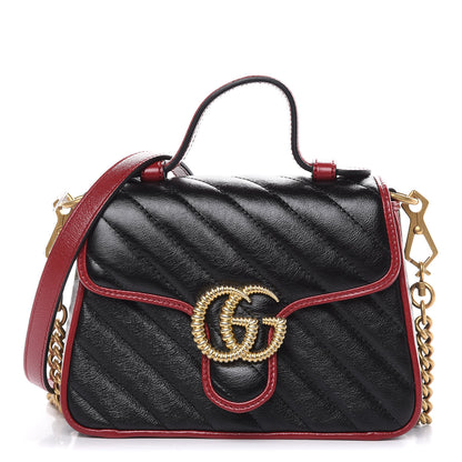 Gucci Vintage Effect Calfskin Matelasse Diagonal Mini Torchon GG Marmont Top Handle Shoulder Bag Black Romantic Cherry 1 of 9