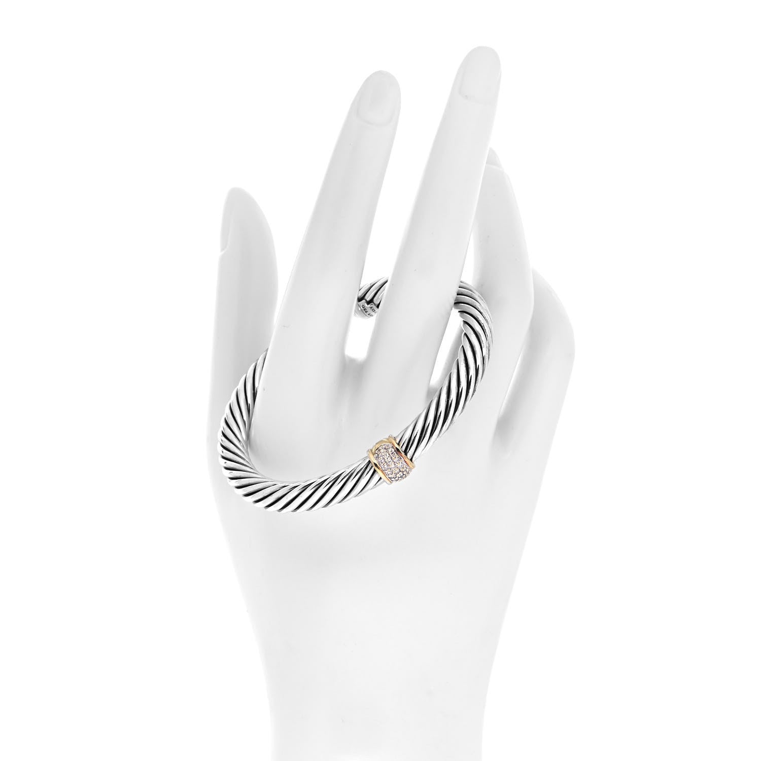 David Yurman Sterling Silver 18K Yellow Gold Diamond 7mm Cable Classics Station Bracelet 2 of 4